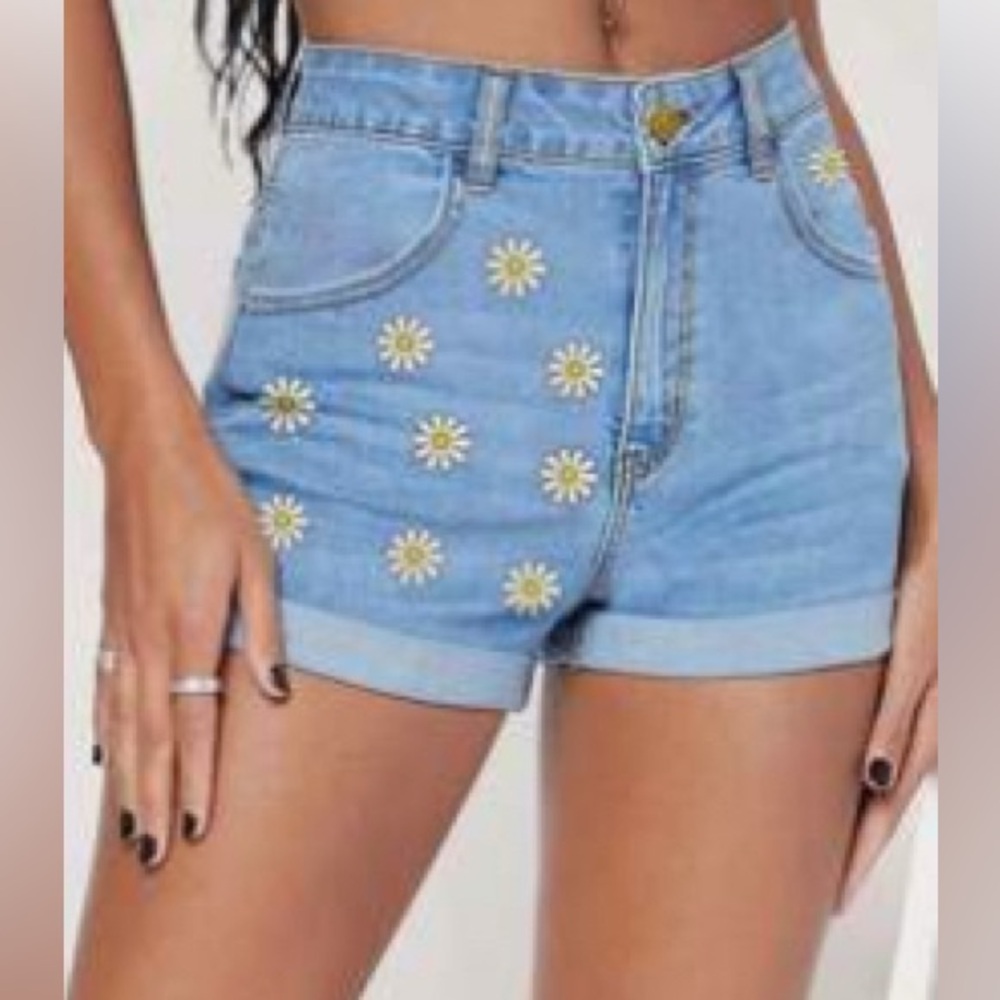 Shein Blue Denim Daisy Embroidered Women's Shorts